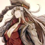  1girl black_gloves breasts closed_mouth eyebrows_visible_through_hair facial_scar flat_cap gangut_(kantai_collection) gloves goodboy grey_hair hair_between_eyes hair_ornament hairclip hat jacket kantai_collection large_breasts long_hair military military_hat military_jacket military_uniform peaked_cap red_eyes red_shirt remodel_(kantai_collection) scar scar_on_cheek shirt simple_background smile solo uniform white_background white_jacket 