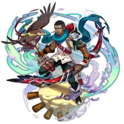  1boy arrow artist_request bird boots bow dragalia_lost eagle facepaint feathers grabbing hawk_(dragalia_lost) holding hood looking_to_the_side non-web_source official_art short_hair transparent_background very_short_hair 