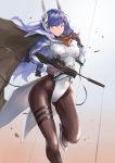  1girl absurdres assault_rifle black_legwear blue_hair breasts bullpup closed_mouth full_body girls_frontline gloves gun headgear high_heels highleg highleg_leotard highres imi_tavor_tar-21 impossible_clothes impossible_leotard iruril leotard long_hair pantyhose rifle tar-21_(girls_frontline) thigh_gap weapon yellow_eyes 