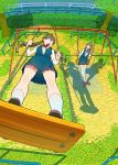  2girls brown_hair chain-link_fence dress fence from_above green_eyes happy legs_crossed long_hair looking_at_another looking_back multiple_girls neck_ribbon nobile1031 original outdoors park playing railing ribbon school_uniform shadow short_hair sitting smile standing standing_on_swing swing swing_set thigh-highs tree twintails uniform white_legwear 