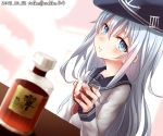  1girl alcohol anchor_symbol blue_eyes bottle closed_mouth flat_cap hair_between_eyes hat hibiki_(kantai_collection) highres kantai_collection long_hair long_sleeves looking_at_viewer neckerchief nuka_(nvkka) red_neckwear sailor_collar school_uniform serafuku silver_hair smile solo 