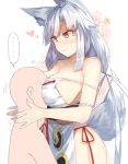  ... 1boy 1girl animal_ear_fluff animal_ears bangs bare_arms bare_shoulders blush breast_smother breasts cleavage collarbone commentary_request cowboy_shot groin heart kasuka_(kusuki) large_breasts long_hair looking_at_another original panties pelvic_curtain red_eyes red_panties side-tie_panties sideboob sidelocks silver_hair slit_pupils smile spoken_ellipsis standing strapless tabard tail underwear white_background wolf_ears wolf_tail 