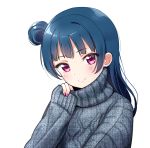 1girl adjusting_collar bangs blue_hair blue_sweater blush clenched_hand deadnooodles highres long_hair long_sleeves looking_at_viewer love_live! love_live!_sunshine!! nail_polish purple_nails side_bun simple_background sleeves_past_wrists smile solo sweater tsushima_yoshiko turtleneck turtleneck_sweater upper_body violet_eyes white_background 