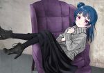  1girl armchair bangs black_footwear black_legwear black_skirt blue_hair blush boots chair deadnooodles eyebrows_visible_through_hair grey_sweater hair_bun hands_up high_heel_boots high_heels long_hair long_sleeves love_live! love_live!_sunshine!! pantyhose parted_lips side_bun skirt solo sweater tsushima_yoshiko turtleneck turtleneck_sweater violet_eyes 