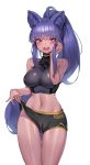  1girl absurdres animal_ears blush breasts dark_skin highres long_hair looking_at_viewer medium_breasts midriff navel open_mouth orange_eyes original ponytail purple_hair romana short_shorts shorts shorts_pull sidelocks solo white_background 