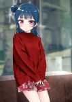  1girl bangs blue_hair blurry blurry_background blush deadnooodles floral_print highres long_hair long_sleeves looking_at_viewer love_live! love_live!_sunshine!! miniskirt parted_lips print_skirt red_sweater side_bun skirt sleeves_past_wrists solo sweater tsushima_yoshiko violet_eyes wall 