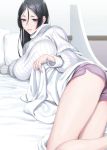 1girl bangs breasts fate_(series) large_breasts long_hair looking_at_viewer lying_on_bed lying_on_side minamoto_no_raikou_(fate/grand_order) nakuta parted_bangs purple_hair ribbed_sweater shorts smile sweater turtleneck turtleneck_sweater very_long_hair