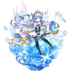  1girl artist_request barefoot blue_eyes blue_hair castle dragalia_lost elbow_gloves flower gloves granblue_fantasy hair_ornament holding holding_staff ice ice_flower lily_(granblue_fantasy) long_hair looking_at_viewer non-web_source official_art pointy_ears skirt smile snowflakes staff thigh-highs transparent_background 