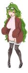  1girl black_legwear breasts cardigan clearite dress eyewear_on_head glasses green_hair highres large_breasts long_hair low_twintails open_mouth ribbed_sweater sleeves_past_fingers sleeves_past_wrists sweater sweater_dress thigh-highs twintails very_long_hair violet_eyes 