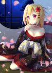  1girl aoi_yun bangs bare_shoulders black_kimono blonde_hair blurry blurry_foreground blush bow breasts choker cleavage collarbone depth_of_field eyebrows_visible_through_hair floral_print flower frilled_choker frills full_moon hair_between_eyes hair_flower hair_ornament hand_up index_finger_raised indoors japanese_clothes kimono large_breasts long_hair looking_at_viewer moon night night_sky off_shoulder oriental_umbrella original parted_lips petals print_kimono red_flower round_window sidelocks sitting sky solo star_(sky) starry_sky umbrella very_long_hair violet_eyes white_bow white_choker yokozuwari 