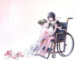  2girls ballet_slippers barefoot braid commentary_request dress flower flowers_(innocent_grey) hair_bun hand_holding hand_on_another&#039;s_neck irua mole mole_on_neck multiple_girls school_uniform shoes_removed short_hair takasaki_chidori translation_request wheelchair white_dress yaegaki_erika yuri 