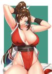  1girl arm_guards armpits arms_behind_head bare_shoulders blush breasts breath brown_eyes brown_hair cleavage commentary_request curvy erect_nipples fatal_fury hakai_shin high_ponytail huge_breasts japanese_clothes looking_at_viewer ninja obi parted_lips pelvic_curtain ponytail revealing_clothes rope sash shiranui_mai sideboob sidelocks sitting smile sweat the_king_of_fighters thighs 