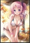  1girl :d autumn_leaves bangs bare_shoulders bikini black_border blush border breasts cleavage collarbone commentary_request eyebrows_visible_through_hair hair_ribbon hands_on_legs large_breasts leaf leaning_forward long_hair looking_at_viewer maple_leaf nail_polish one_side_up open_mouth original pink_hair pink_ribbon ribbon side-tie_bikini smile solo sousouman standing striped striped_bikini swimsuit violet_eyes wet 