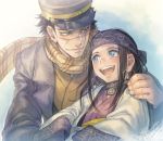  1boy 1girl ainu ainu_clothes asirpa bandanna black_hair blue_eyes brown_eyes coat earrings facial_scar golden_kamuy hand_on_another&#039;s_shoulder hat hoop_earrings jewelry long_hair looking_at_another military military_hat military_uniform open_mouth scar scarf short_hair smile sugimoto_saichi uniform upper_body wide_sleeves yamori_(stom) 
