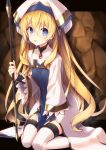  1girl :d blue_eyes breasts cave cleric commentary_request covering covering_crotch goblin_slayer! hat holding holding_weapon kneeling long_hair looking_at_viewer open_mouth priestess_(goblin_slayer!) simple_background small_breasts smile solo staff tahya thigh-highs very_long_hair weapon white_legwear wide_hips 