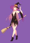  1girl :3 akashi_(kantai_collection) alternate_costume black_dress black_footwear boots breasts broom cleavage commentary_request dress green_eyes hair_ribbon hat highres holding holding_hat kantai_collection long_hair looking_at_viewer medium_breasts pink_hair purple_background ribbon simple_background solo torn_clothes tress_ribbon witch witch_hat yuuji_(and) 