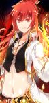  1girl belt blazing_heart_(elsword) coat collarbone crop_top elesis_(elsword) elsword fire hair_between_eyes jewelry long_hair looking_at_viewer midriff navel necklace open_clothes open_coat red_eyes redhead shiny shiny_hair shoku_(dumplings) smile solo stomach tied_hair upper_body white_coat 
