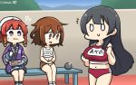  !? +++ 3girls agano_(kantai_collection) alternate_costume bike_shorts black_hair black_shorts blue_skirt braid breasts brown_eyes brown_hair cannonballs chopsticks collarbone commentary dated eating etorofu_(kantai_collection) eyebrows_visible_through_hair fang fish food food_on_face gloves hamu_koutarou happi hat highres holding holding_chopsticks ikazuchi_(kantai_collection) japanese_clothes kantai_collection large_breasts long_hair long_sleeves multiple_girls name_tag navel partially_translated pleated_skirt redhead short_hair shorts shorts_under_skirt sitting skirt smile translation_request twin_braids violet_eyes white_gloves white_hat 