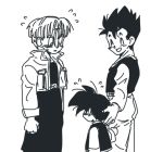  3boys :d ^_^ arms_at_sides black_hair blush brothers closed_eyes closed_eyes dragon_ball dragonball_z facing_away height_difference jacket long_sleeves looking_down male_focus monochrome multiple_boys nervous open_mouth short_hair siblings simple_background smile son_gohan son_goten spiky_hair standing sweatdrop trunks_(dragon_ball) upper_body white_background 