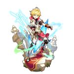  1boy artist_request bangs blonde_hair dragalia_lost euden fingerless_gloves gloves green_eyes holding holding_weapon looking_at_viewer non-web_source official_art pactstone short_hair transparent_background weapon 