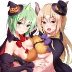 2girls black_gloves blonde_hair blush bow breast_press breasts brown_eyes cape cleavage colored_eyelashes commentary_request fang gloves green_eyes green_hair halloween hat horns huyumitsu jack-o&#039;-lantern large_breasts mini_hat mini_top_hat monmusu_harem monster_girl multiple_girls open_mouth pumpkin purple_bow red_bow sideboob smile symmetrical_docking top_hat under_boob upper_body white_background witch_hat