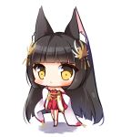  1girl :&lt; animal_ear_fluff animal_ears azur_lane bangs bare_shoulders big_head blunt_bangs blush brown_eyes brown_hair chibi closed_mouth detached_sleeves dress eyebrows_visible_through_hair fox_ears full_body hair_ornament hand_up long_hair long_sleeves looking_at_viewer nagato_(azur_lane) pleated_dress red_dress red_footwear ryuuka_sane sleeves_past_wrists socks solo standing strapless strapless_dress very_long_hair white_background white_legwear white_sleeves 