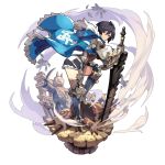  armor black_hair breasts brown_eyes cape celliera dragalia_lost flying gauntlets holding holding_sword holding_weapon hood large_breasts leaning_forward non-web_source official_art short_hair stepping sword thigh-highs transparent_background weapon 