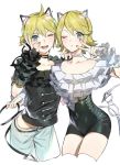 1boy 1girl :t animal_ears belt blonde_hair cat_ears choker fake_animal_ears kagamine_len kagamine_rin looking_at_viewer naoko_(naonocoto) ok_sign one_eye_closed ruffled_sleeves simple_background thighs v vocaloid 