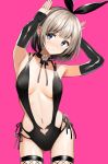  1girl armpits arms_up bangs bare_shoulders black_choker black_legwear black_ribbon black_swimsuit blue_eyes blush breasts breasts_apart casual_one-piece_swimsuit censored choker collarbone detached_sleeves eyebrows_visible_through_hair fishnet_legwear fishnets flower gluteal_fold grey_hair hair_ribbon head_tilt light_frown long_sleeves medium_breasts navel nishizawa nose_blush one-piece_swimsuit original pink_background ribbon shiny shiny_hair simple_background solo stomach sweat swimsuit thigh-highs white_flower 