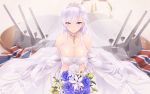  1girl azur_lane bangs belfast_(azur_lane) blue_eyes blurry blurry_background blush bouquet braid breasts bridal_veil bride cait cannon cleavage collar collarbone commentary dress earrings eyebrows_visible_through_hair flower french_braid gloves gold gold_trim highres holding holding_bouquet jewelry large_breasts long_hair looking_at_viewer machinery maid_headdress rigging sidelocks silver_collar silver_hair sitting smile solo strapless strapless_dress tiara union_jack veil wedding_dress white_dress 