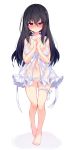  1girl absurdres babydoll bangs bare_arms bare_legs bare_shoulders barefoot black_hair blush breasts cleavage closed_mouth collarbone commentary_request eyebrows_visible_through_hair full_body garter_straps hair_between_eyes halter_top halterneck hands_together highres kurimochi_chizuru large_breasts lingerie long_hair looking_at_viewer midriff navel nose_blush original own_hands_together panties purple_hair see-through sidelocks simple_background solo stomach underwear underwear_only white_background white_panties 