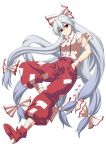  1girl baggy_pants bandaged_leg bandages bangs bow breasts commentary_request eyebrows_visible_through_hair fujiwara_no_mokou hair_between_eyes hair_bow hand_in_pocket head_tilt highres long_hair medium_breasts ofuda ootsuki_wataru pants red_eyes red_footwear red_pants shirt shoes short_sleeves silver_hair simple_background solo suspenders torn_clothes torn_sleeves touhou very_long_hair white_background white_bow white_shirt wing_collar wrist_cuffs 
