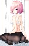  1girl absurdres bare_arms bare_shoulders black_legwear blush bra breasts closed_mouth commentary_request dimples_of_venus eyebrows_visible_through_hair eyes_visible_through_hair fate/grand_order fate_(series) from_behind hair_over_one_eye highres inhoya2000 lipstick looking_at_viewer looking_back makeup mash_kyrielight panties pantyhose pink_hair pink_lips shallow_water short_hair sideboob sitting small_breasts smile soles solo thighband_pantyhose toes twitter_username underwear violet_eyes wariza water white_bra white_panties 