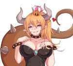  15805850117 1girl absurdres bare_shoulders blonde_hair blue_eyes blush bowsette bracelet breasts cleavage clenched_teeth collar crown eyebrows_visible_through_hair heart heart-shaped_pupils highres horns jewelry large_breasts looking_at_viewer super_mario_bros. new_super_mario_bros._u_deluxe nintendo pointy_ears ponytail saliva simple_background smile solo spiked_bracelet spiked_collar spikes super_crown symbol-shaped_pupils tail teeth white_background 