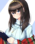  1girl bangs black_hair blue_eyes blue_sweater blush book breasts closed_mouth diadem hair_between_eyes holding holding_book i.f.s.f idolmaster idolmaster_cinderella_girls jewelry large_breasts long_hair looking_at_viewer necklace pendant ribbed_sweater sagisawa_fumika shawl smile solo sweater turtleneck turtleneck_sweater 