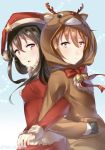  2girls animal_ear_fluff animal_ears animal_hood antlers back-to-back bangs bell black_gloves breasts christmas commentary_request fake_animal_ears fur-trimmed_sleeves fur_collar fur_trim gloves hat hatsushimo_(kantai_collection) hood hood_up juurouta kantai_collection locked_arms long_hair long_sleeves multiple_girls pom_pom_(clothes) raised_eyebrows red_hat reindeer_antlers reindeer_ears reindeer_girl reindeer_hood santa_costume santa_hat sketch_eyebrows small_breasts wakaba_(kantai_collection) 