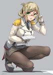  1girl adjusting_eyewear bespectacled black_legwear black_neckwear blonde_hair breasts chestnut_mouth commentary_request eyebrows_visible_through_hair full_body glasses green_eyes grey_background grey_shirt happa_(cloverppd) kantai_collection katori_(kantai_collection) large_breasts long_hair looking_at_viewer miniskirt pantyhose pencil_skirt picking_up shirt short_hair simple_background skirt solo squatting 