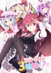  4girls :3 :d ;d ascot bat_wings black_footwear black_legwear blonde_hair blue_hair brooch commentary_request cover cover_page doujin_cover eyebrows_visible_through_hair flandre_scarlet formal frilled_skirt frills hat head_wings jewelry koakuma long_hair looking_at_viewer mob_cap multiple_girls necktie nogisaka_kushio one_eye_closed open_mouth pantyhose patchouli_knowledge pointing pointing_at_self puffy_short_sleeves puffy_sleeves purple_hair red_eyes red_neckwear redhead remilia_scarlet shoes short_hair short_sleeves skirt slit_pupils smile suit sweat sweating_profusely touhou violet_eyes wavy_mouth white_footwear wings wrist_cuffs 