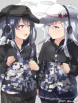  2girls :d akatsuki_(kantai_collection) black_hat black_skirt blue_skirt blush camouflage camouflage_jacket clenched_hand clenched_hands closed_mouth commentary_request cowboy_shot earmuffs eye_contact eyebrows_visible_through_hair fish flat_cap fur_trim hair_between_eyes hammer_and_sickle hat hibiki_(kantai_collection) jacket juurouta kantai_collection long_hair long_sleeves looking_at_another matching_outfit multiple_girls open_mouth pleated_skirt purple_hair remodel_(kantai_collection) silver_hair skirt smile star twitter_username verniy_(kantai_collection) violet_eyes white_hat 