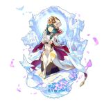  1girl artist_request bird cape dragalia_lost flower gloves green_hair hair_ornament hat hildegarde_(dragalia_lost) kneeling long_hair non-web_source official_art open_mouth praying tabard thigh-highs transparent_background violet_eyes 