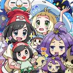  3girls acerola_(pokemon) arm_up bag beanie black_hair blonde_hair blue_eyes character_doll cosmog creatures_(company) doll elite_four flipped_hair game_freak gen_7_pokemon green_eyes hair_ornament handbag hat holding holding_doll kingin lillie_(pokemon) long_hair mimikyu mizuki_(pokemon) multiple_girls nintendo open_mouth pokemon pokemon_(creature) pokemon_(game) pokemon_sm purple_hair red_hat rowlet short_hair short_sleeves sun_hat trial_captain violet_eyes white_hat z-ring 