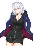  1girl ahoge bangs black_dress blue_jacket breasts cleavage collarbone commentary_request cowboy_shot dress eyebrows_visible_through_hair fate/grand_order fate_(series) fur_trim hair_between_eyes head_tilt highres jacket jeanne_d&#039;arc_(alter)_(fate) jeanne_d&#039;arc_(fate)_(all) jewelry large_breasts long_sleeves looking_at_viewer open_clothes open_jacket parted_lips pendant piro_(iiiiiiiiii) shiny shiny_skin short_dress short_hair silver_hair simple_background solo standing thighs white_background wicked_dragon_witch_ver._shinjuku_1999 yellow_eyes 