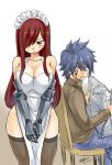  1boy 1girl apron armor bare_shoulders blue_hair blush breasts cleavage denim erza_scarlet fairy_tail hair_over_one_eye half-closed_eyes hetero hips jeans jellal_fernandes large_breasts long_sleeves maid maid_headdress mashima_hiro newspaper overalls pants pelvic_curtain pout redhead signature simple_background sitting standing sweatdrop sweater tattoo thigh-highs turtleneck turtleneck_sweater white_background 