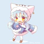  1girl :d animal_ears animal_hood azur_lane bangs blue_background blue_dress blue_hair blush brown_footwear capelet chang_chun_(azur_lane) chibi commentary_request dress eyebrows_visible_through_hair full_body fur-trimmed_boots fur-trimmed_capelet fur-trimmed_dress fur-trimmed_hood fur-trimmed_sleeves fur_trim hair_between_eyes hood hood_up hooded_capelet kouu_hiyoyo long_hair long_sleeves looking_at_viewer open_mouth pantyhose red_eyes sleeves_past_fingers sleeves_past_wrists smile solo standing twitter_username very_long_hair wavy_mouth white_capelet white_legwear 