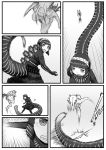  2girls attack clenched_teeth comic emphasis_lines godzilla godzilla_(series) greyscale highres horns jumping kishida_shiki long_hair looking_at_another monochrome motion_lines multiple_girls nude running shin_godzilla silent_comic speed_lines tail teeth 