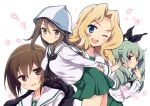  4girls alternate_costume anchovy arm_support arms_behind_back bangs black_neckwear black_ribbon blonde_hair blouse blue_eyes blue_hat blush brown_eyes brown_hair closed_mouth commentary_request drill_hair eyebrows_visible_through_hair finger_to_mouth girls_und_panzer green_hair green_skirt hair_intakes hair_ribbon hat kay_(girls_und_panzer) leaning_forward light_particles long_hair long_sleeves looking_at_viewer mika_(girls_und_panzer) miniskirt multiple_girls neckerchief nishizumi_maho odawara_hakone one_eye_closed ooarai_school_uniform pleated_skirt red_eyes ribbon school_uniform serafuku short_hair skirt smile standing thumbs_up trait_connection twin_drills twintails white_blouse 
