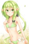  1girl bikini black_bow blush bow breasts dated elf goblin_slayer! green_bikini green_eyes green_hair hair_bow hand_on_own_chest high_elf_archer_(goblin_slayer!) highres leaf navel open_mouth pointy_ears reiya sidelocks simple_background small_breasts solo swimsuit white_background 