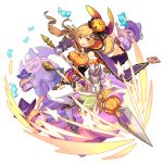  1girl alternate_costume bare_shoulders bat_wings candy cape dragalia_lost elphyllis_(dragalia_lost) food food_themed_hair_ornament hair_ornament halloween_costume holding holding_weapon leotard non-web_source official_art pumpkin pumpkin_hair_ornament slime transparent_background weapon wings 