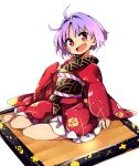  1girl :d ahoge baba_(baba_seimaijo) barefoot commentary_request full_body highres japanese_clothes kimono long_sleeves looking_at_viewer obi open_mouth purple_hair red_eyes sash short_hair sitting smile solo sukuna_shinmyoumaru touhou transparent_background wide_sleeves yokozuwari 