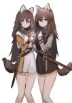  2girls absurdres animal_ears arm_across_chest blue_eyes brown_hair dokshuri eyebrows_visible_through_hair feet_out_of_frame hair_between_eyes hand_holding highres knees_together long_hair looking_at_viewer multiple_girls original sheath sheathed simple_background smile standing sword tail weapon white_background 
